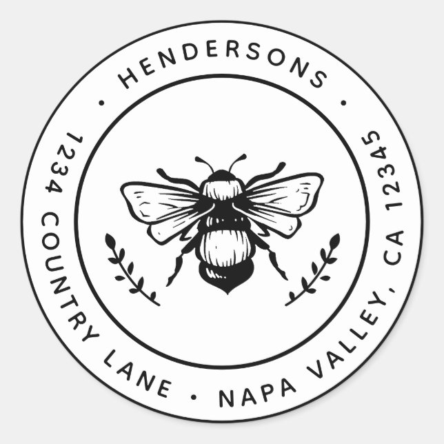 Rustic Bumblebee Round Return Address Classic Round Sticker (Front)