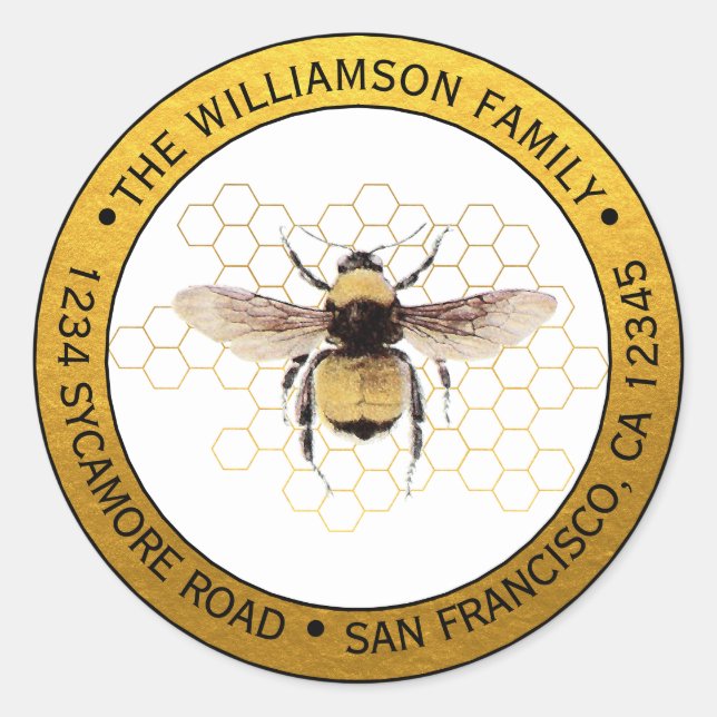 Rustic BumbleBee Round Return Address Gold Classic Round Sticker (Front)