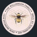 Rustic BumbleBee Round Return Address Pink Classic Round Sticker<br><div class="desc">Rustic and simple round return address stickers with a vintage bumblebee print and your name and address in modern typography on a pastel pink background with a stylish touch of honeycomb. Simply add your details to the label. Exclusively designed for you by Happy Dolphin Studio. If you need any help...</div>