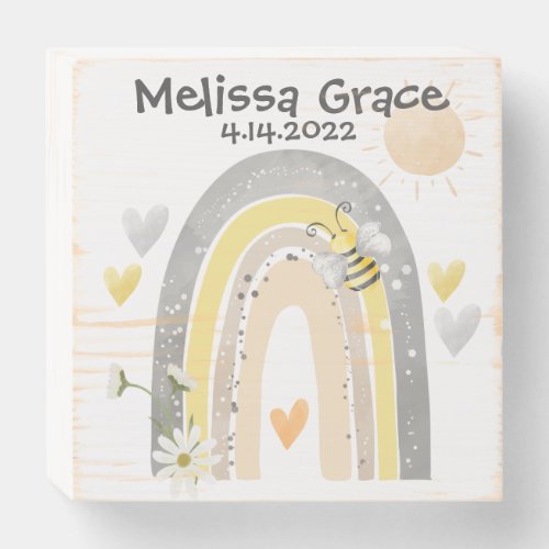 Rustic Bumblebee with Rainbow Birth Announcement Wooden Box Sign
