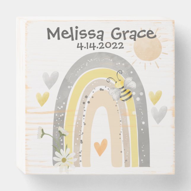 Rustic Bumblebee with Rainbow Birth Announcement Wooden Box Sign (Front Horizontal)