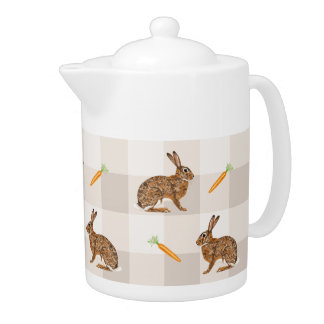 Rustic Bunnies And Carrots Beige Gingham Spring Teapot