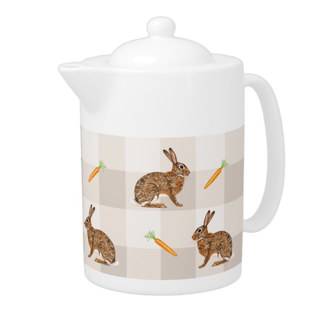 Rustic Bunnies And Carrots Beige Gingham Spring Teapot (Right)