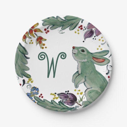 Rustic Bunny Rabbit Teal Farmhouse Monogram Cute Paper Plates