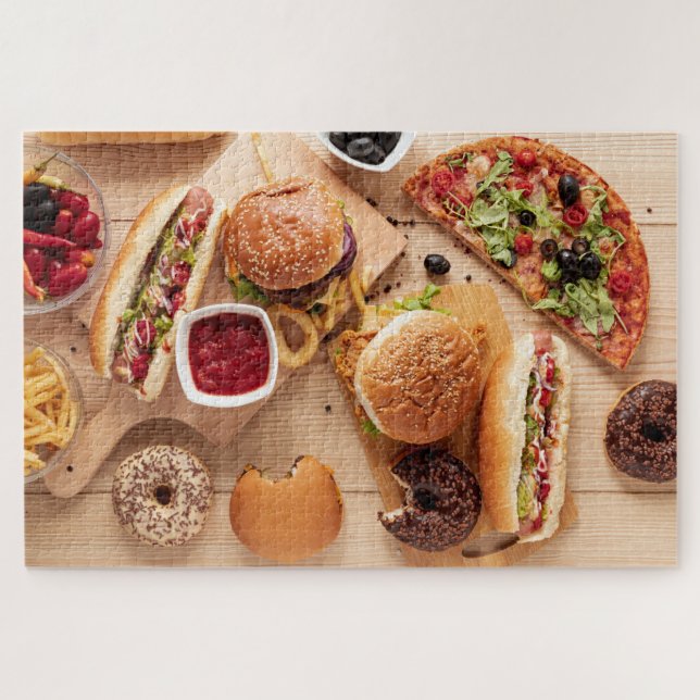 Rustic Burger Hot dog Pizza French Fries Donut Jigsaw Puzzle (Horizontal)
