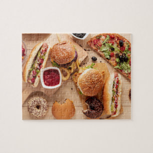 Rustic Burger Hot dog Pizza French Fries Donut Jigsaw Puzzle
