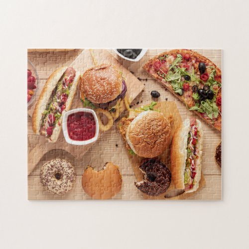 Rustic Burger Hot dog Pizza French Fries Donut Jigsaw Puzzle