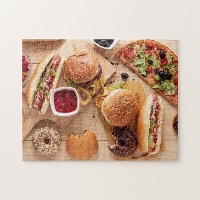 Rustic Burger Hot dog Pizza French Fries Donut Jigsaw Puzzle (Horizontal)