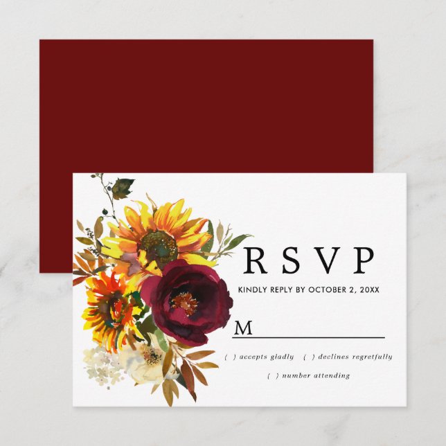 Rustic Burgund Red Floral Wedding  RSVP Card (Front/Back)
