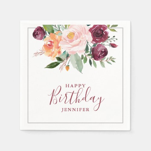 Rustic Burgunday Pink Floral Birthday Party Napkins