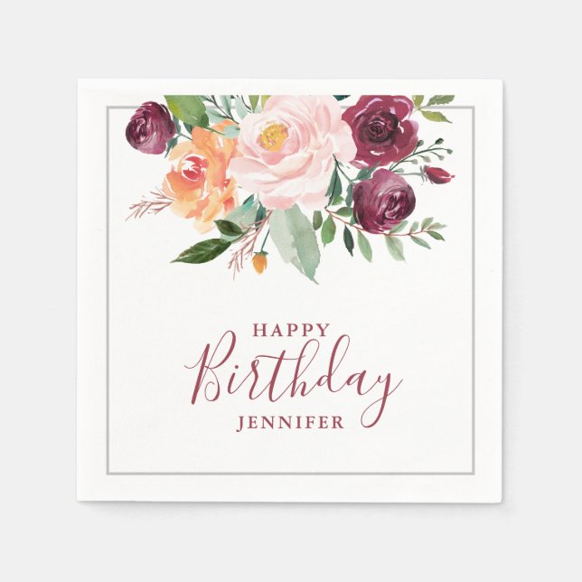 Rustic Burgunday Pink Floral Birthday Party Napkins (Front)