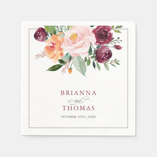 Rustic Burgunday Pink Floral Wedding Napkins (Front)