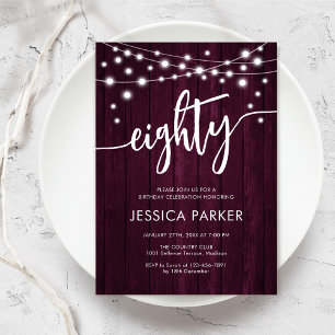 Rustic Burgundy 80th Birthday Party Invitation