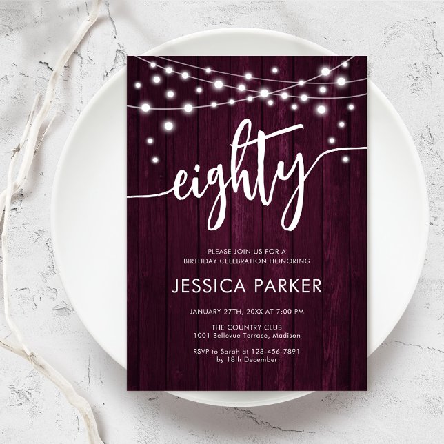 Rustic Burgundy 80th Birthday Party Invitation (Creator Uploaded)