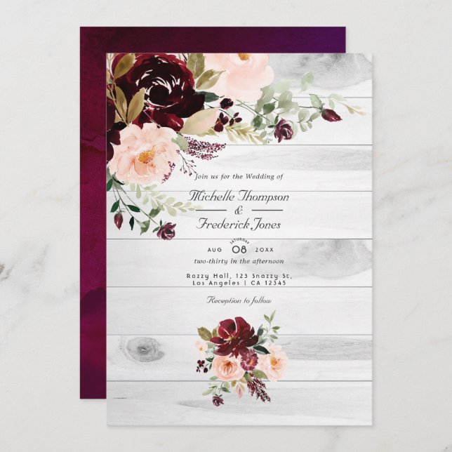 Rustic Burgundy and Blush Floral QR Code Wedding Invitation (Front/Back)