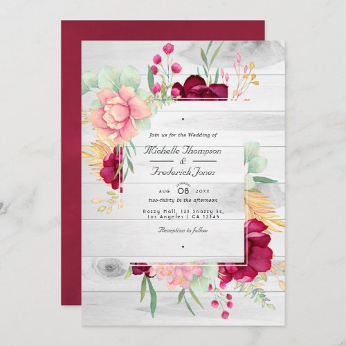 Rustic Burgundy and Blush Floral QR Code Wedding Invitation