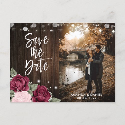Rustic Burgundy and Blush Floral Wedding Photo Announcement Postcard