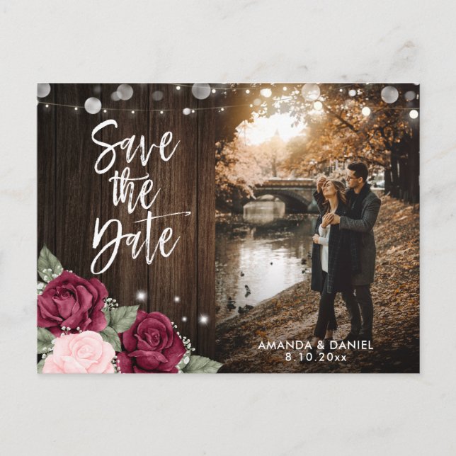 Rustic Burgundy and Blush Floral Wedding Photo Announcement Postcard (Front)