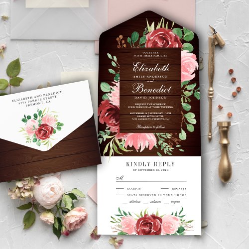 Rustic Burgundy and Blush Pink Floral Wood Wedding All In One Invitation