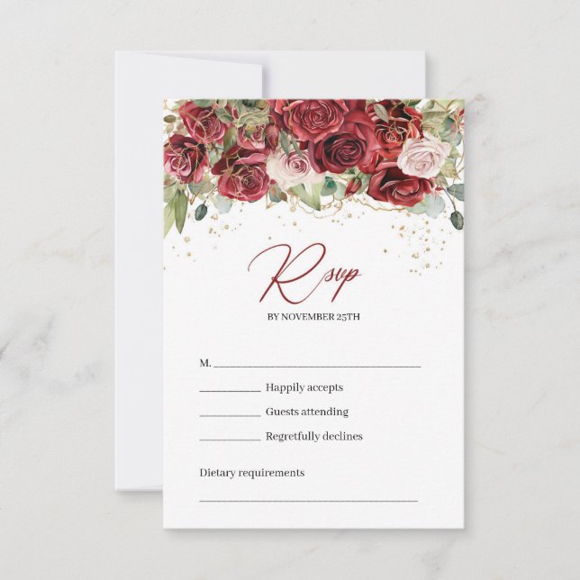 Rustic burgundy and blush pink roses rsvp card (Front)