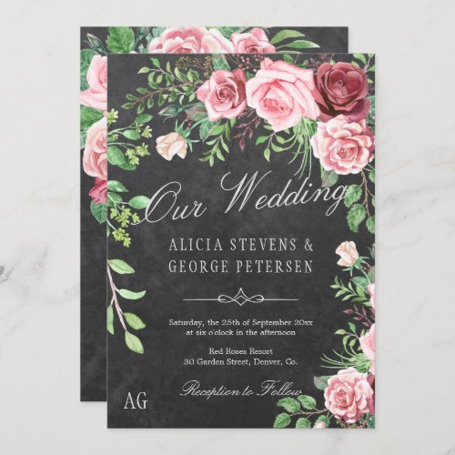 Rustic Burgundy and Blush Roses Monogram Wedding Invitation
