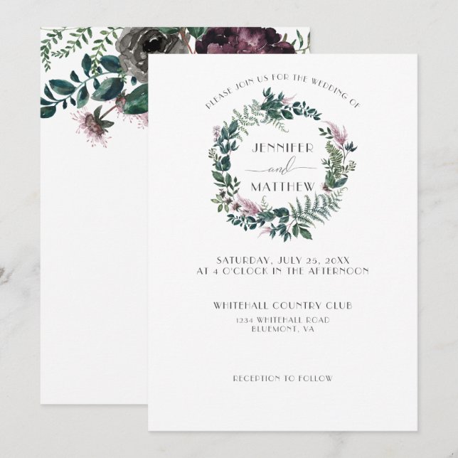 Rustic Burgundy and Forest Green Floral Wreath | Invitation (Front/Back)