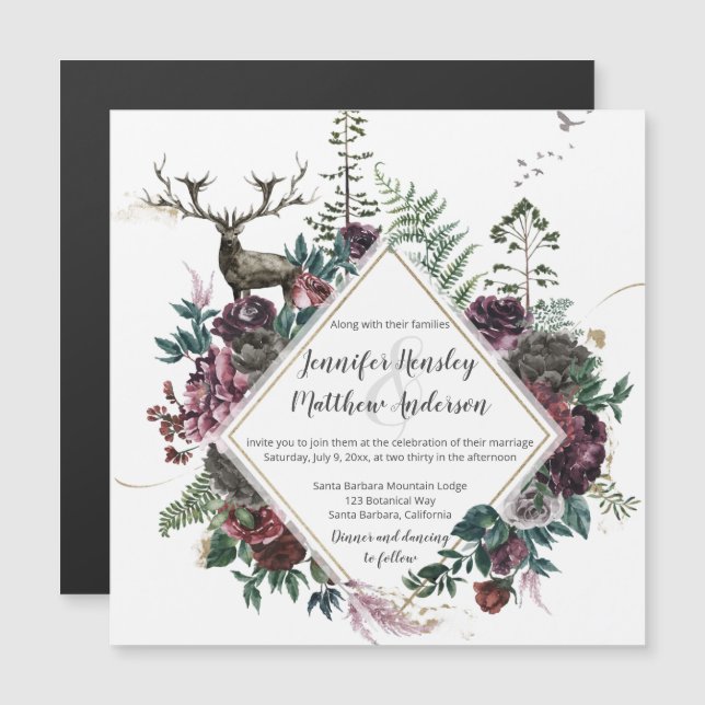 Rustic Burgundy and Gray Floral Geometric Wedding Magnetic Invitation (Front/Back)