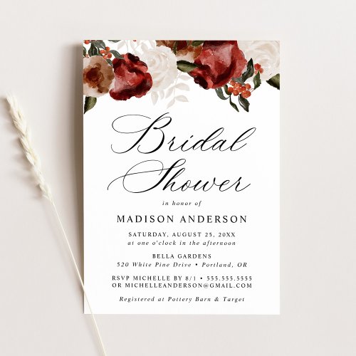 Rustic Burgundy and Ivory Roses Bridal Shower Invitation