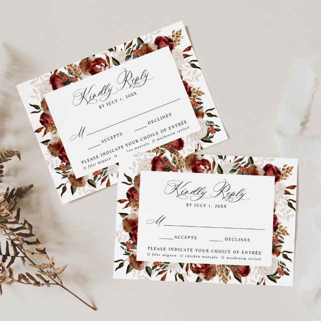 Rustic Burgundy and Ivory Roses Meal Wedding RSVP Card (Creator Uploaded)