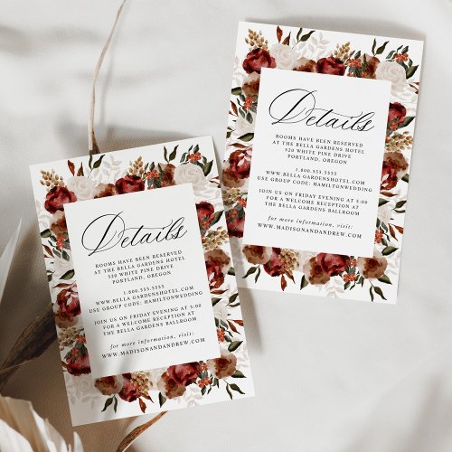 Rustic Burgundy and Ivory Roses Wedding Details Enclosure Card