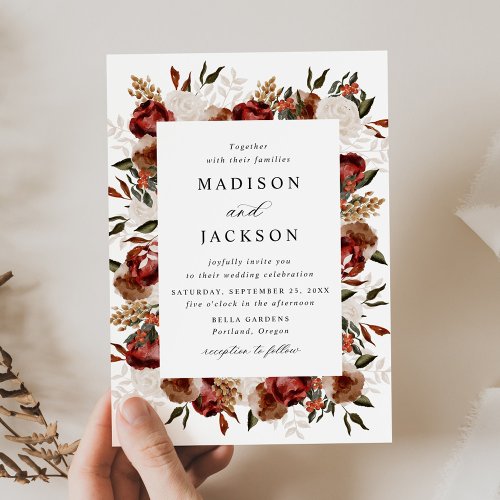 Rustic Burgundy and Ivory Roses Wedding Invitation