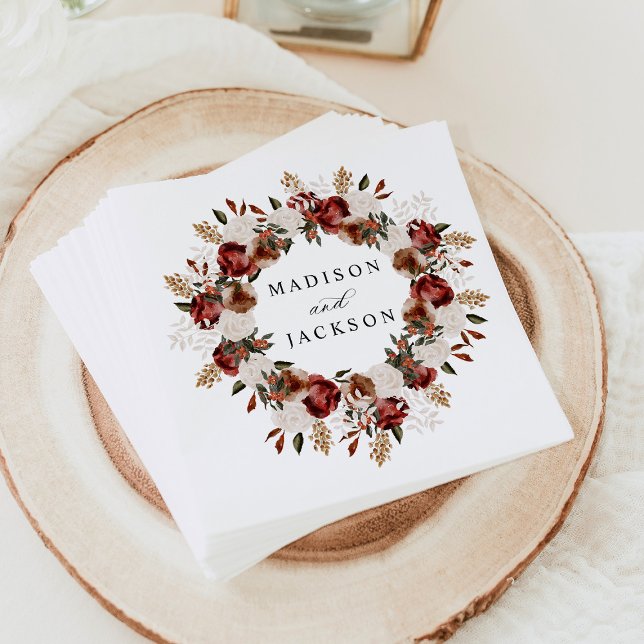 Rustic Burgundy and Ivory Roses Wedding Napkins (Creator Uploaded)