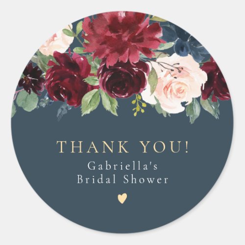 Rustic Burgundy and Navy Blue Floral Bridal Shower Classic Round Sticker