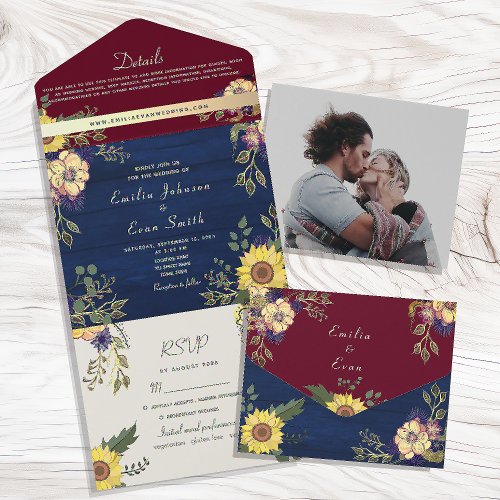 Rustic Burgundy and Navy Blue Wedding All In One Invitation