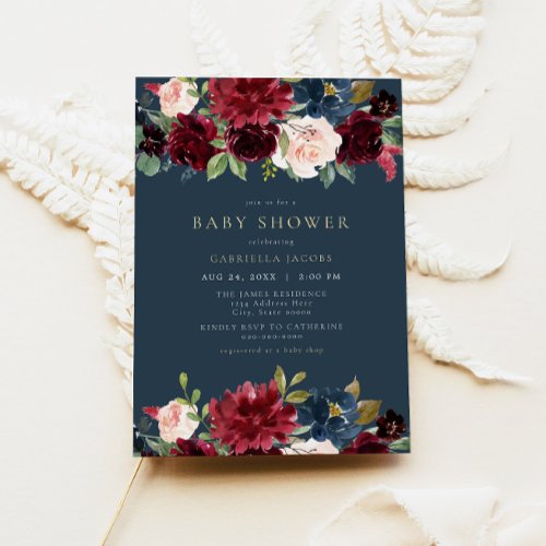 Rustic Burgundy and Navy Floral Baby Shower Invitation