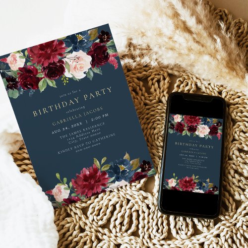 Rustic Burgundy and Navy Floral Birthday Party Invitation