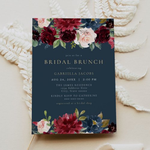 Rustic Burgundy and Navy Floral Bridal Brunch Invitation