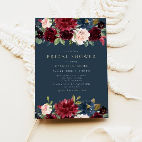 Rustic Burgundy and Navy Floral Bridal Shower Invitation