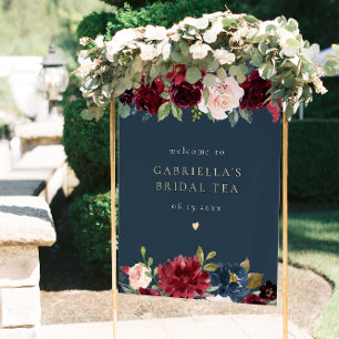 Rustic Burgundy and Navy Floral Bridal Tea Welcome Poster