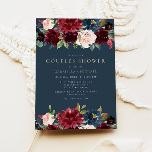 Rustic Burgundy and Navy Floral Couples Shower Invitation