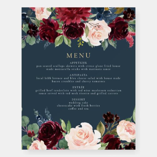 Rustic Burgundy and Navy Floral Dinner Menu Foam Board