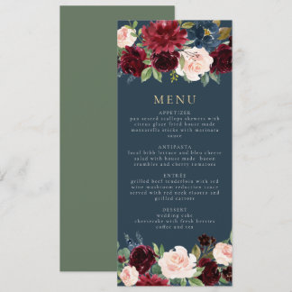 Rustic Burgundy and Navy Floral Dinner Menu Invitation