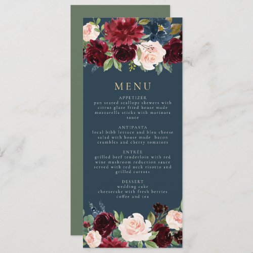 Rustic Burgundy and Navy Floral Dinner Menu Invitation