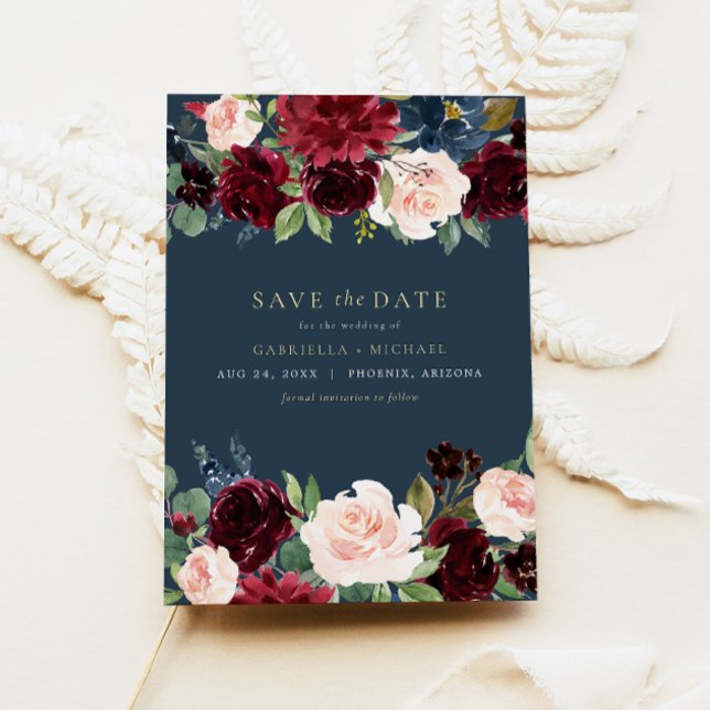Rustic Burgundy and Navy Floral Save the Date Invitation (Creator Uploaded)