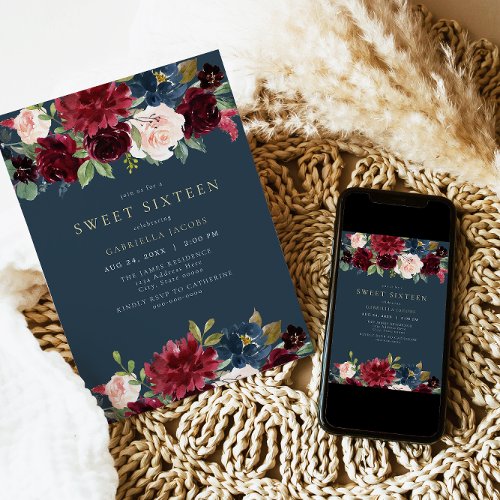Rustic Burgundy and Navy Floral Sweet 16 Invitation