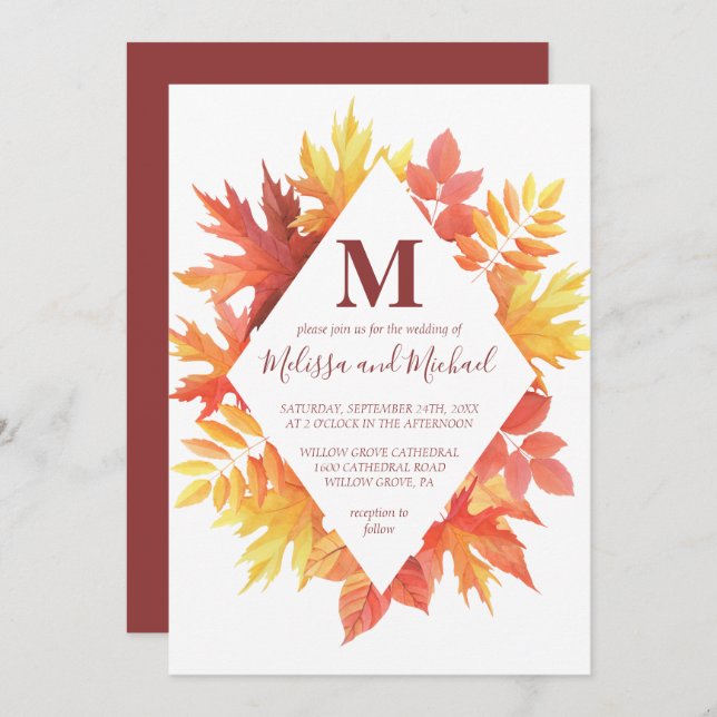 Rustic Burgundy and Orange Fall Leaves Wedding Invitation (Front/Back)