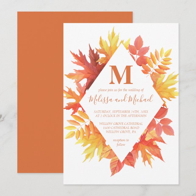 Rustic Burgundy and Orange Fall Leaves Wedding Invitation (Front/Back)