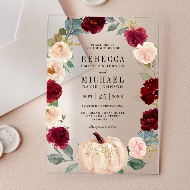 Rustic Burgundy and Peach Floral Pumpkin Wedding Acrylic Invitations (Creator Uploaded)