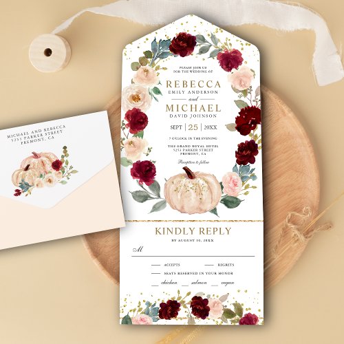 Rustic Burgundy and Peach Floral Pumpkin Wedding All In One Invitation