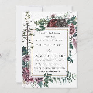 Rustic Burgundy and Pine Botanical Wedding Invitation